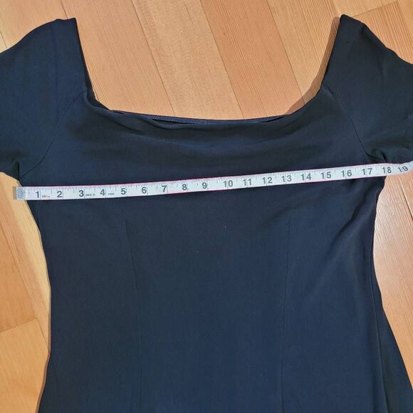 Vintage 90s large black off the shoulder midi dress slinky fabric goth minimalis - Picture 7 of 11